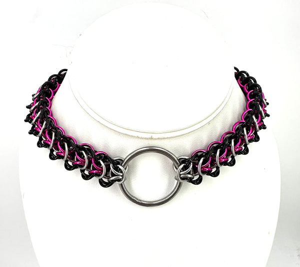 Black and Pink Chainmaille Collar/Cuffs/Clamps Set