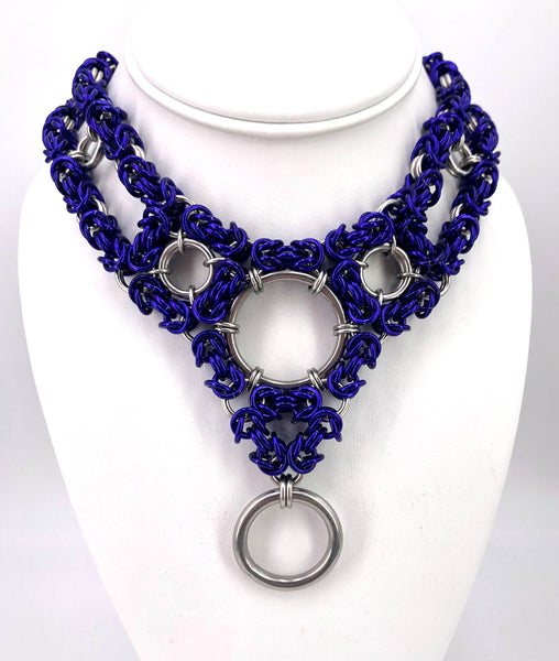 Purple and Stainless Steel Chainmaille Statement Collar with Multiple Rings