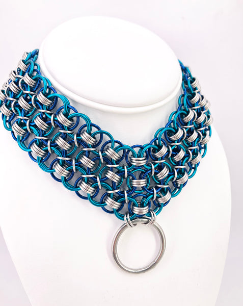 Wide Teal, Blue, and Stainless Steel Statement O-Ring Collar