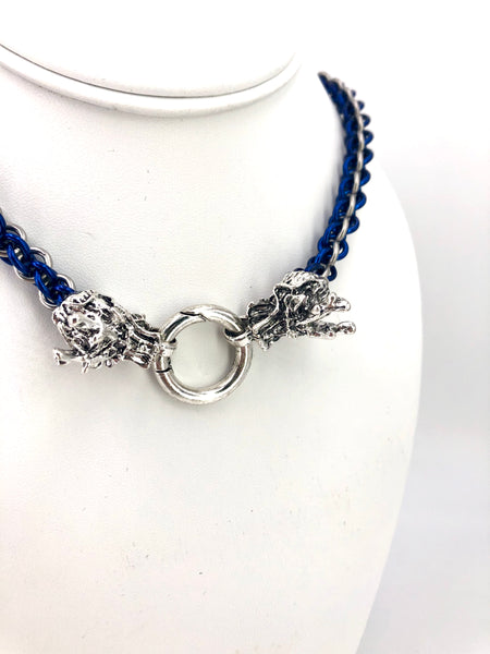 Blue and Black BDSM Chainmaille Collar with Dragon Clasp