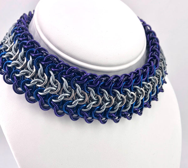 Wide Blue and Purple BDSM Chainmaille Choker
