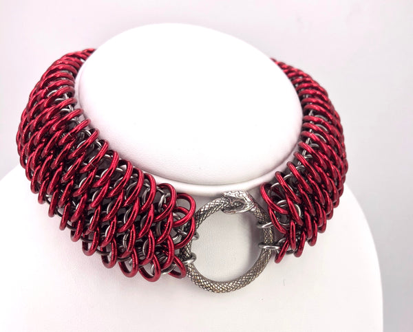 Red Dragonscale Statement Collar with Ouroboros Ring