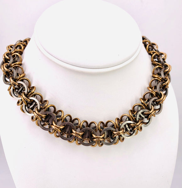 Heavy Bronze and Steel Chainmaille Collar Necklace
