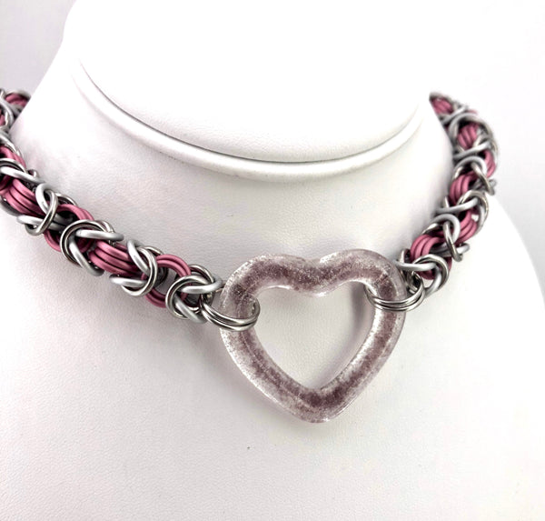 Pink and Stainless Steel Chainmaille Necklace Collar with Glass Heart