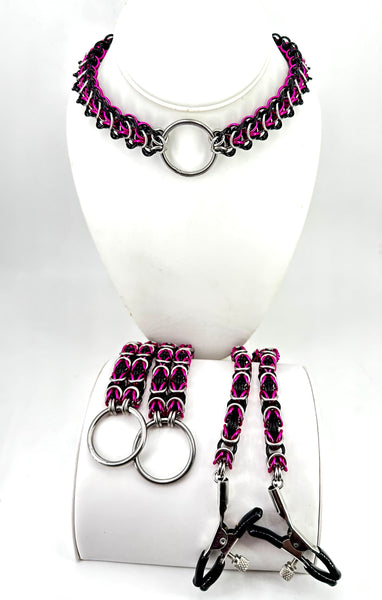 Black and Pink Chainmaille Collar/Cuffs/Clamps Set