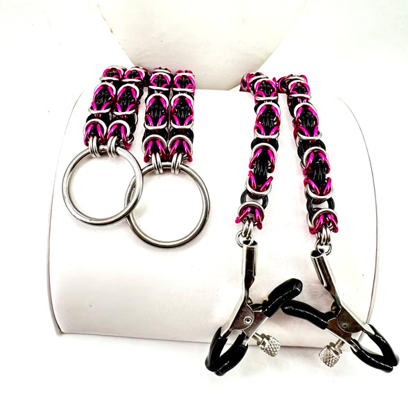 Black and Pink Chainmaille Collar/Cuffs/Clamps Set