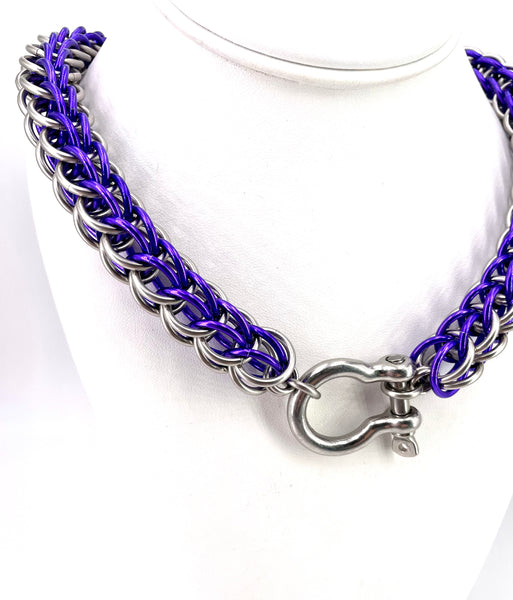 Thick Stainless Steel and Purple Anodized Aluminum Chainmaile Collar with Shackle Clasp