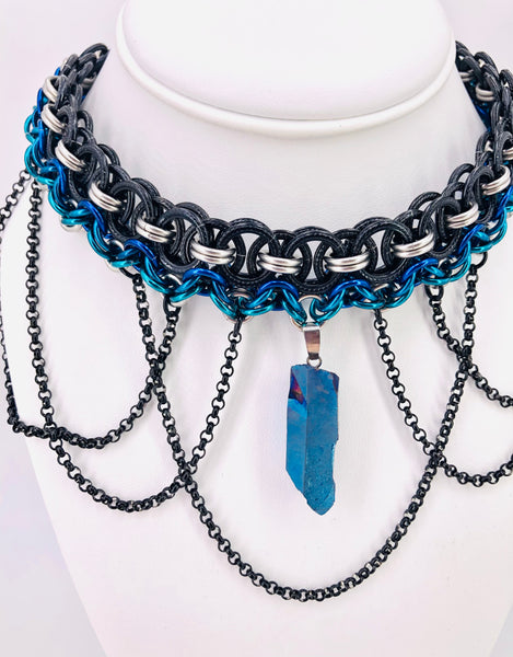Teal, Blue, Black, and Steel Chainmaille Statement Necklace with Stone and Chains