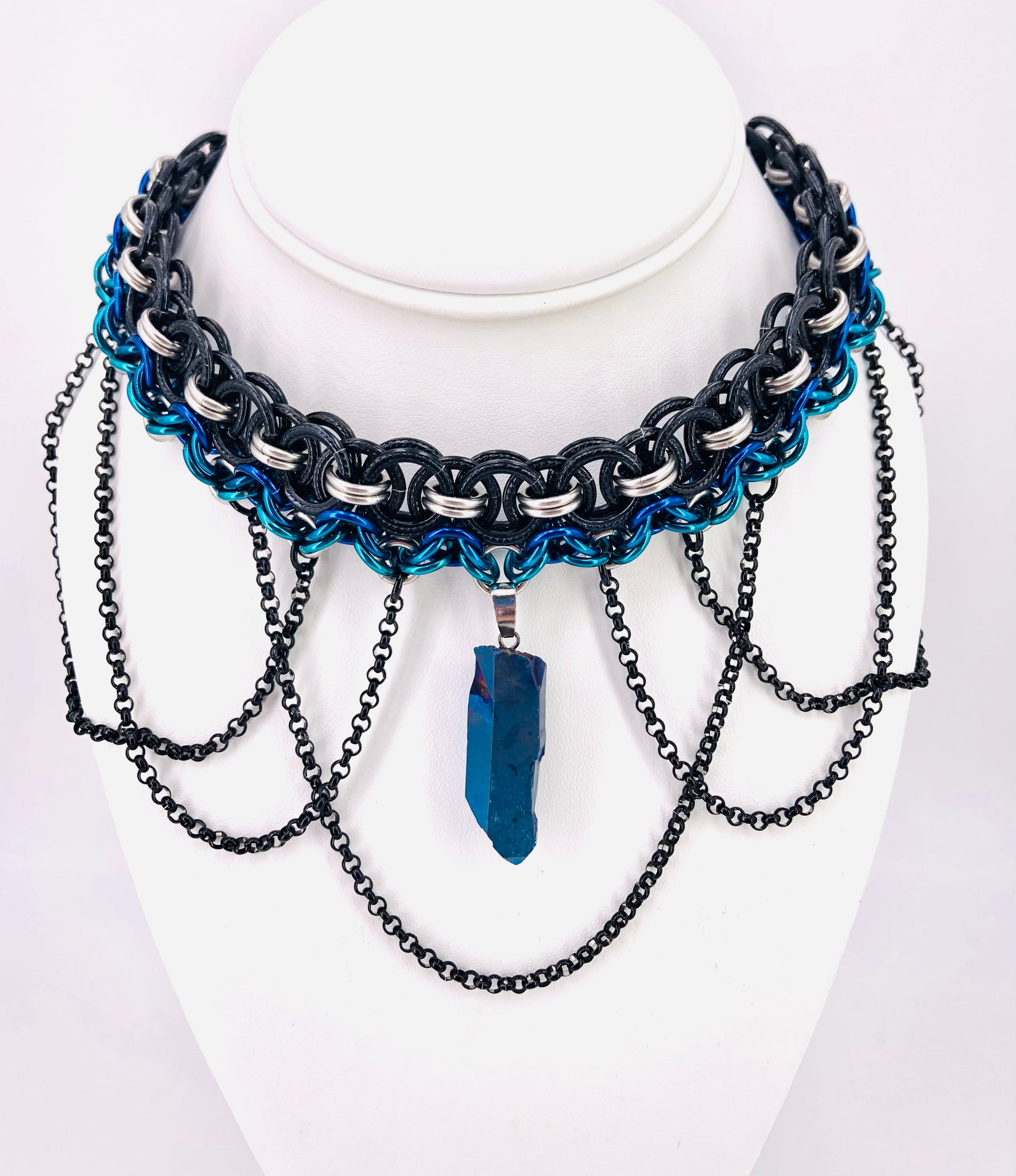 Teal, Blue, Black, and Steel Chainmaille Statement Necklace with Stone and Chains