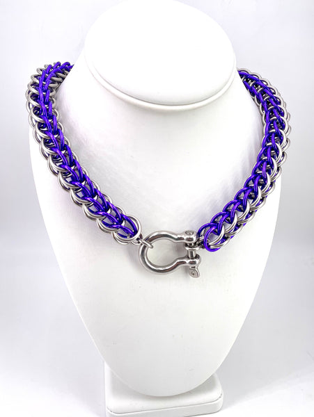Thick Stainless Steel and Purple Anodized Aluminum Chainmaile Collar with Shackle Clasp