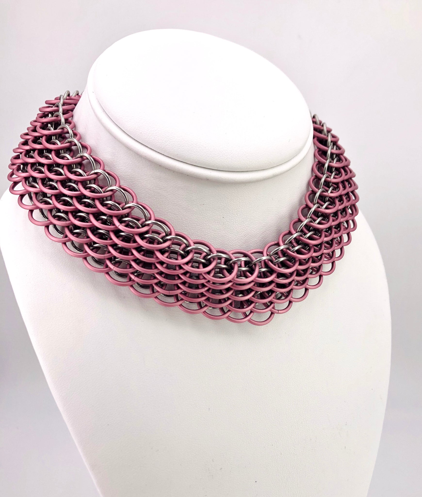 Pink and Steel Elegant Dragonscale Chainmaille Collar Necklace