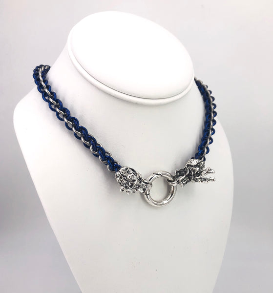 Blue and Black BDSM Chainmaille Collar with Dragon Clasp