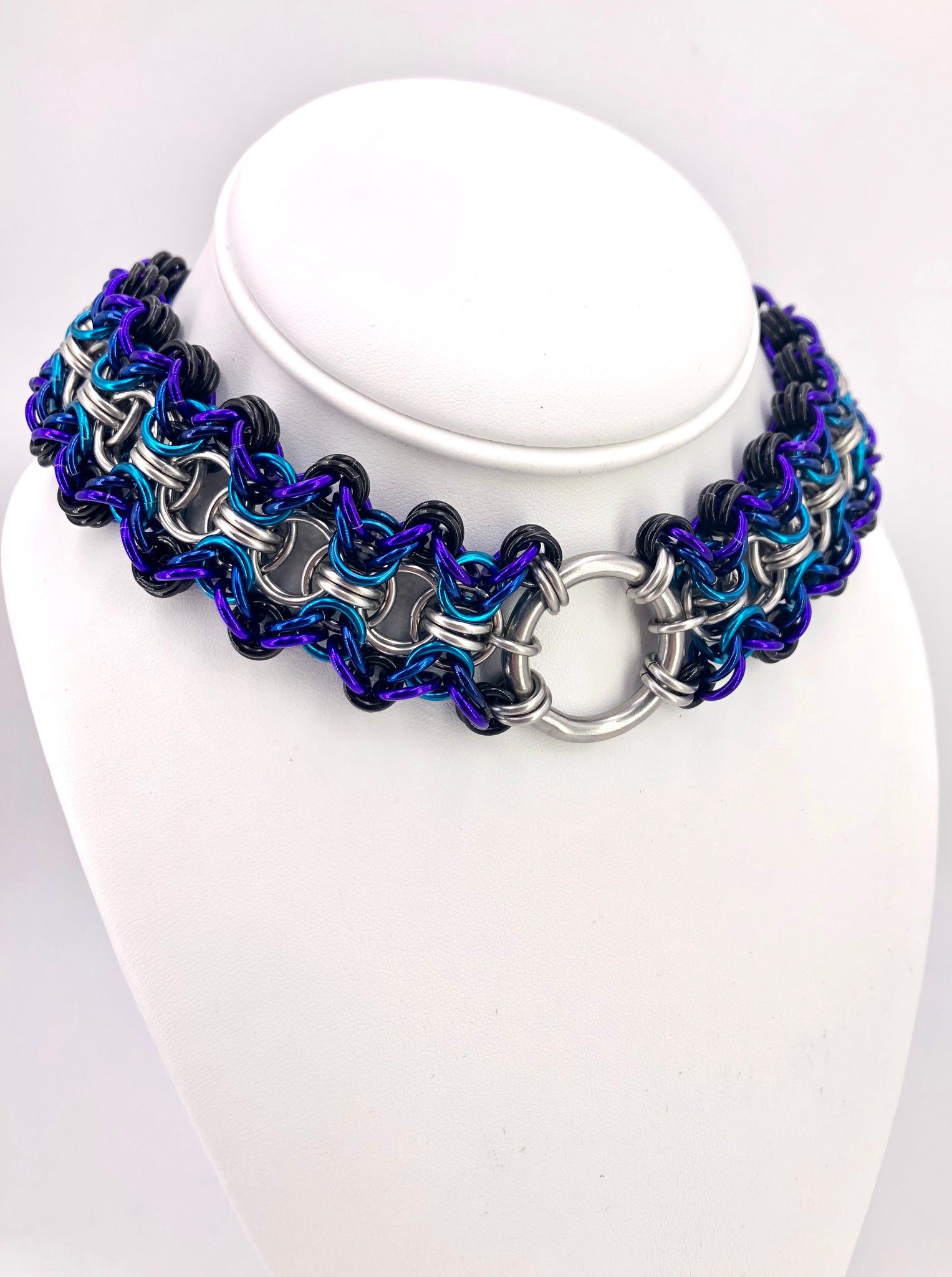 Blue, Purple, and Black BDSM Collar with Center Ring