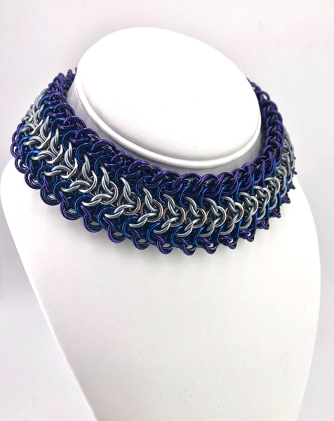 Wide Blue and Purple BDSM Chainmaille Choker