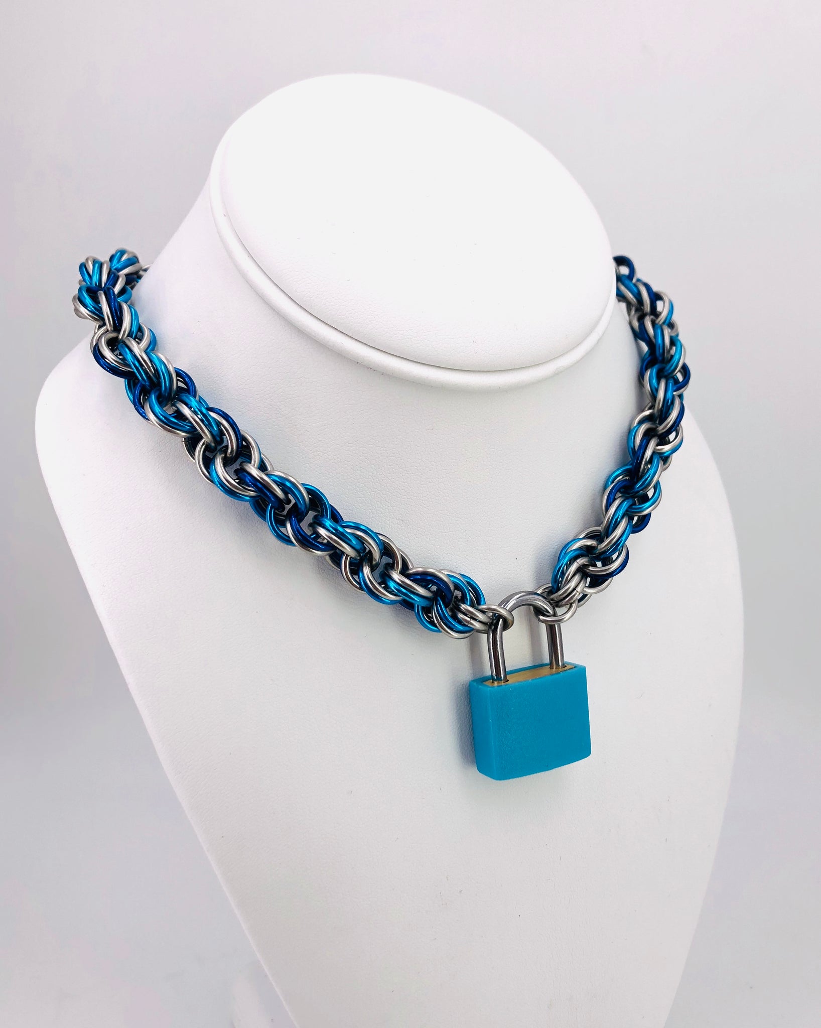 Blue, Teal, and Stainless Steel BDSM Collar with Lock