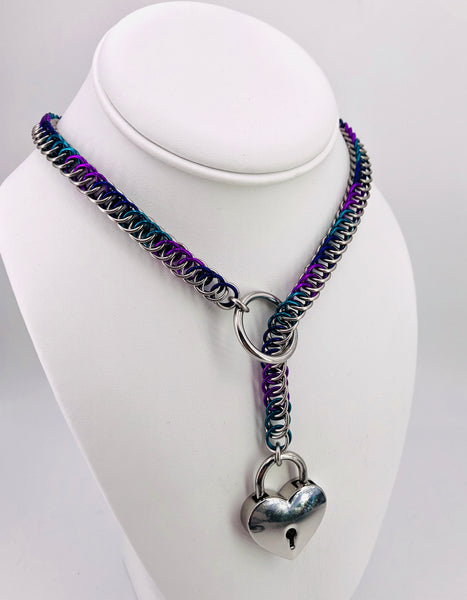 Purple, Teal, Blue, and Stainless Steel Lariat-Style BDSM Day Collar with Heart Lock