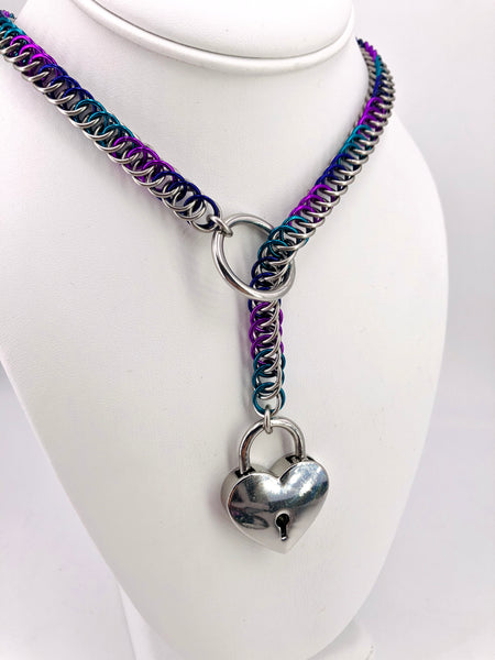 Purple, Teal, Blue, and Stainless Steel Lariat-Style BDSM Day Collar with Heart Lock