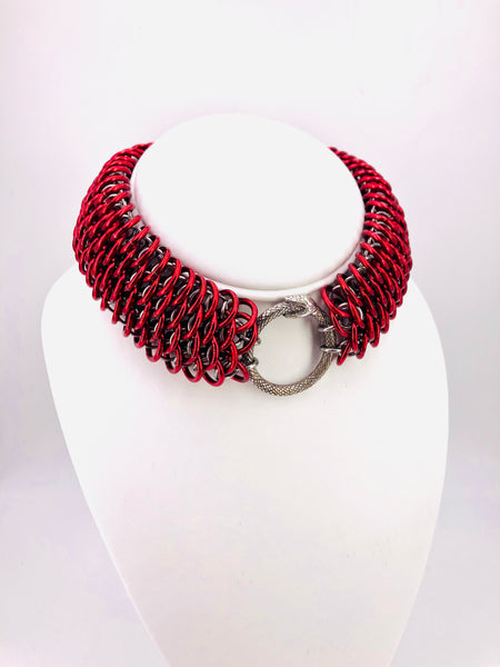 Red Dragonscale Statement Collar with Ouroboros Ring