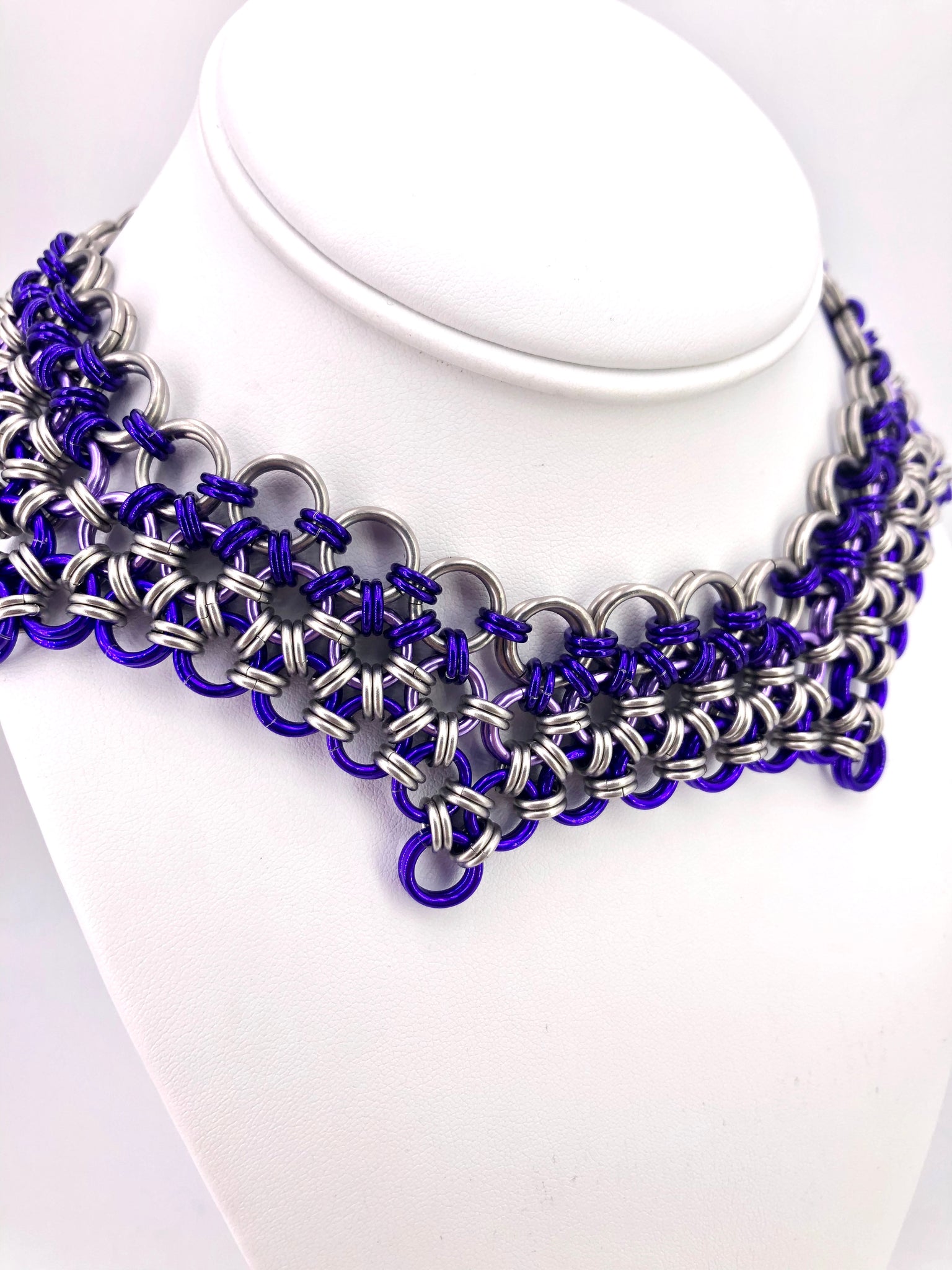 Pointed Purple and Stainless Steel Chainmaille Choker Necklace