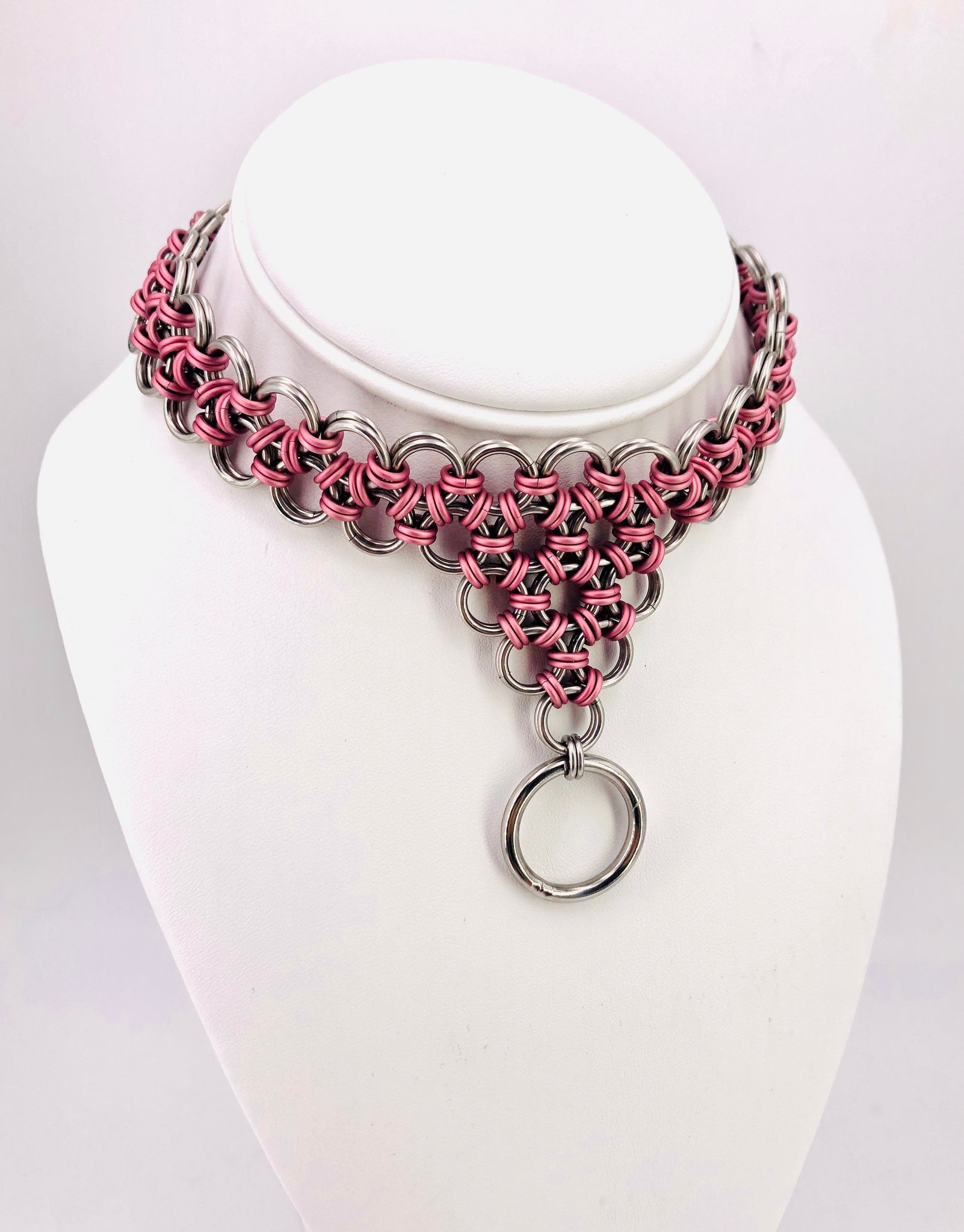 Pink and Steel Center Drop Chainmaille Collar