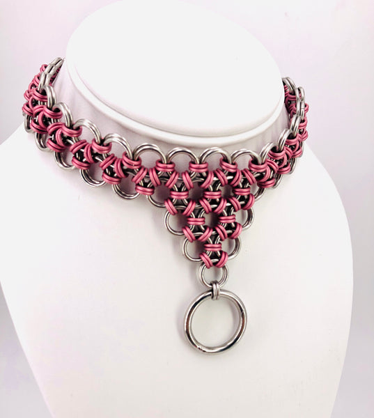 Pink and Steel Center Drop Chainmaille Collar