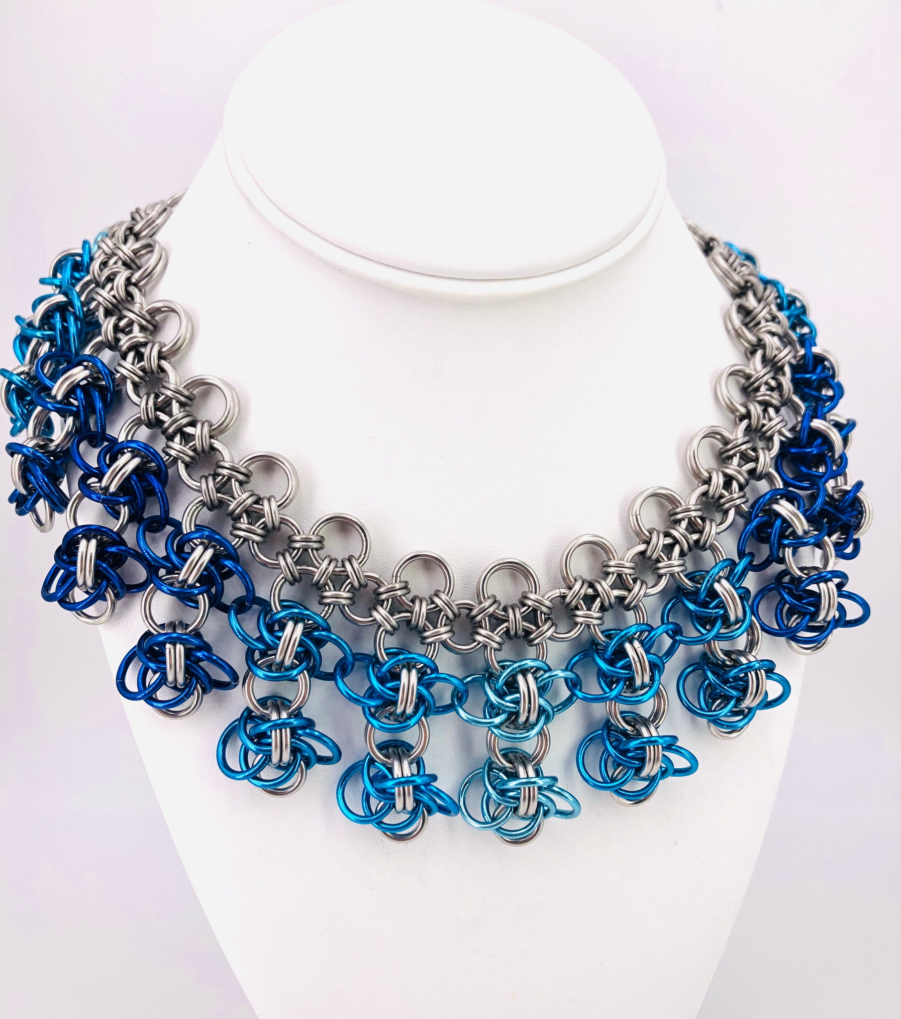 Stainless Steel and Shades of Blue Statement Necklace Collar
