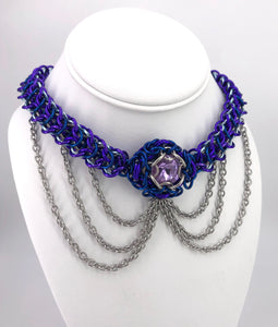 Blue, Purple and Stainless Steel Statement Chainmaille Necklace Collar
