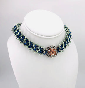 Mint Green, Blue, and Stainless Steel Chainmaille Choker Collar with Center Stone