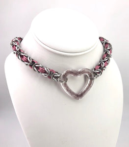Pink and Stainless Steel Chainmaille Necklace Collar with Glass Heart